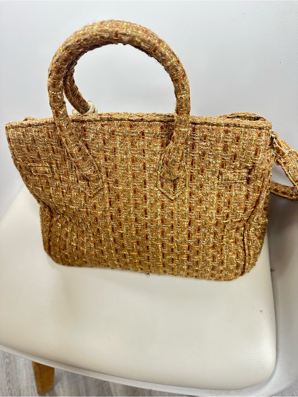 KC Chic Designs Fall Sundara Metallic Woven Satchel Crossbody Purse Gold - Picture 5 of 9